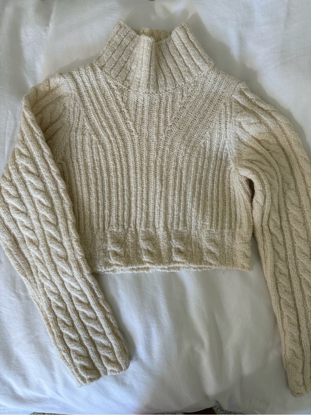 & Other Stories Cream Cable Knit Cropped Turtleneck Sweater